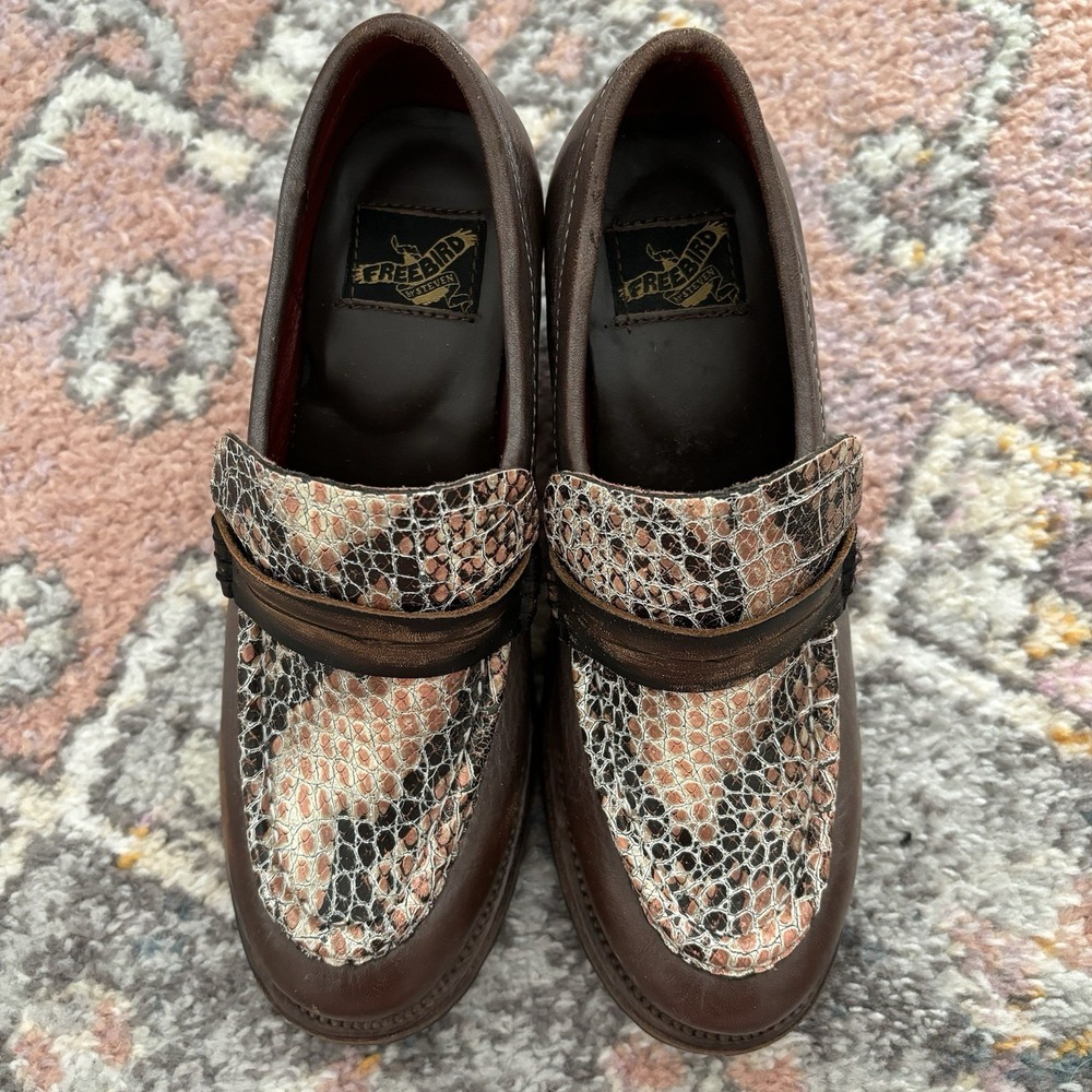 Freebird Bristol Snakeskin Print Leather Shoes 6 Chunky Loafer Boho Heel Western